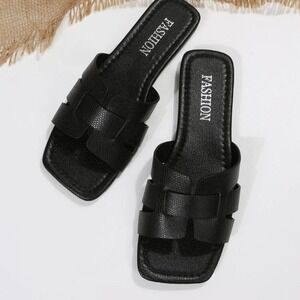 Fashion Black H-Strap Slide Sandals Square Toe Lizard Embossed Flats Size 10